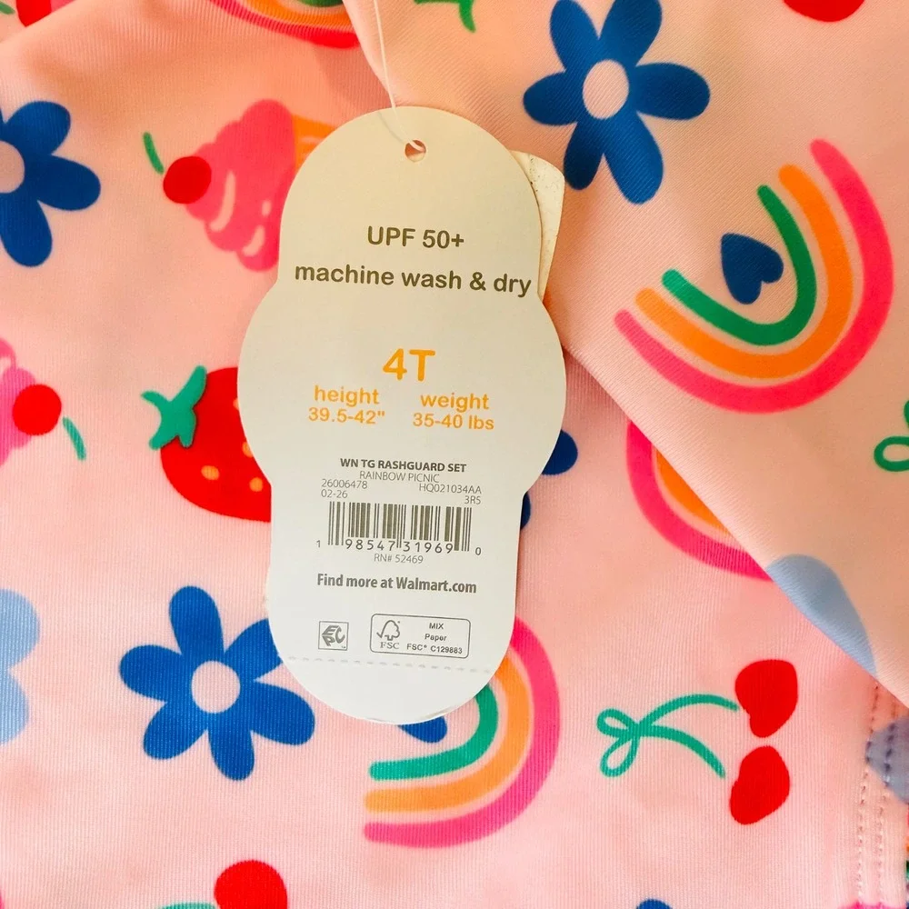 Wonder Nation Girls 4T Rash Guard Swimsuit Set Pink Rainbow Picnic UPF 50+ NWT